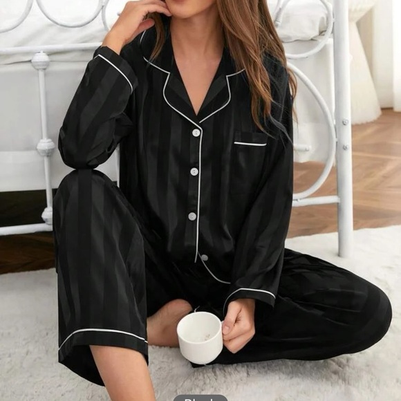 Black 2 piece pajama set: Contrast Binding striped Satin pj Set - Picture 1 of 13